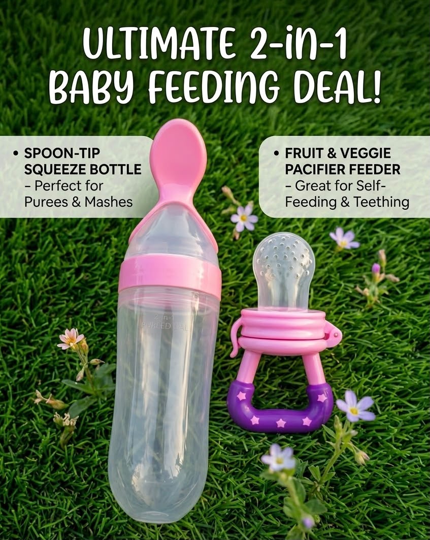 Ultimate 2-in-1 Baby Feeding Deal – Squeeze Bottle & Fruit Pacifier Feeder