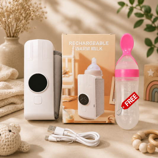 Smart Portable Rechargeable Baby Milk Warmer with Free Silicone Squeeze Feeding Spoon Bottle