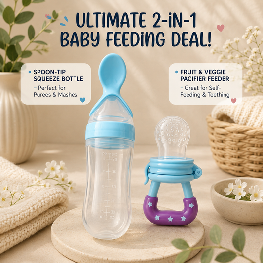 Ultimate 2-in-1 Baby Feeding Deal – Squeeze Bottle & Fruit Pacifier Feeder
