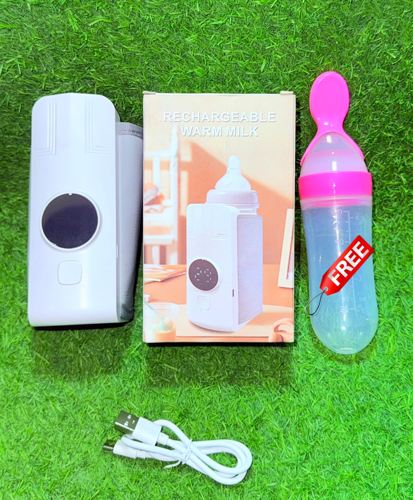 Smart Portable Rechargeable Baby Milk Warmer with Free Silicone Squeeze Feeding Spoon Bottle