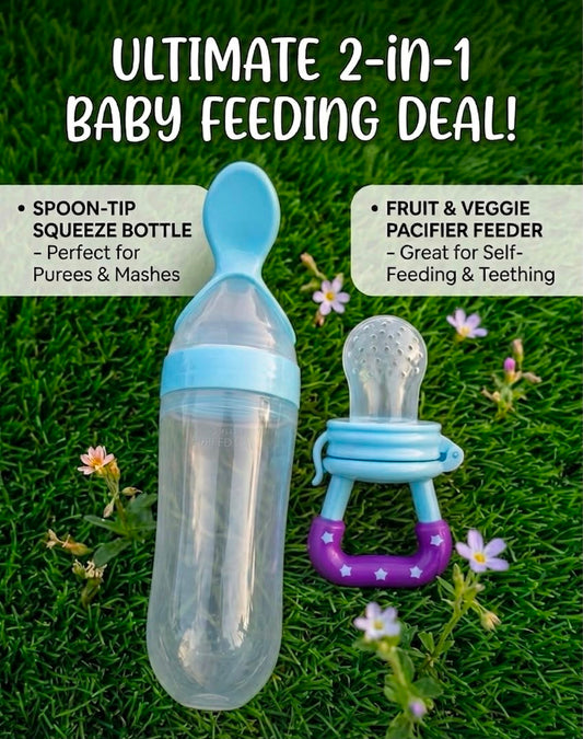 Ultimate 2-in-1 Baby Feeding Deal – Squeeze Bottle & Fruit Pacifier Feeder